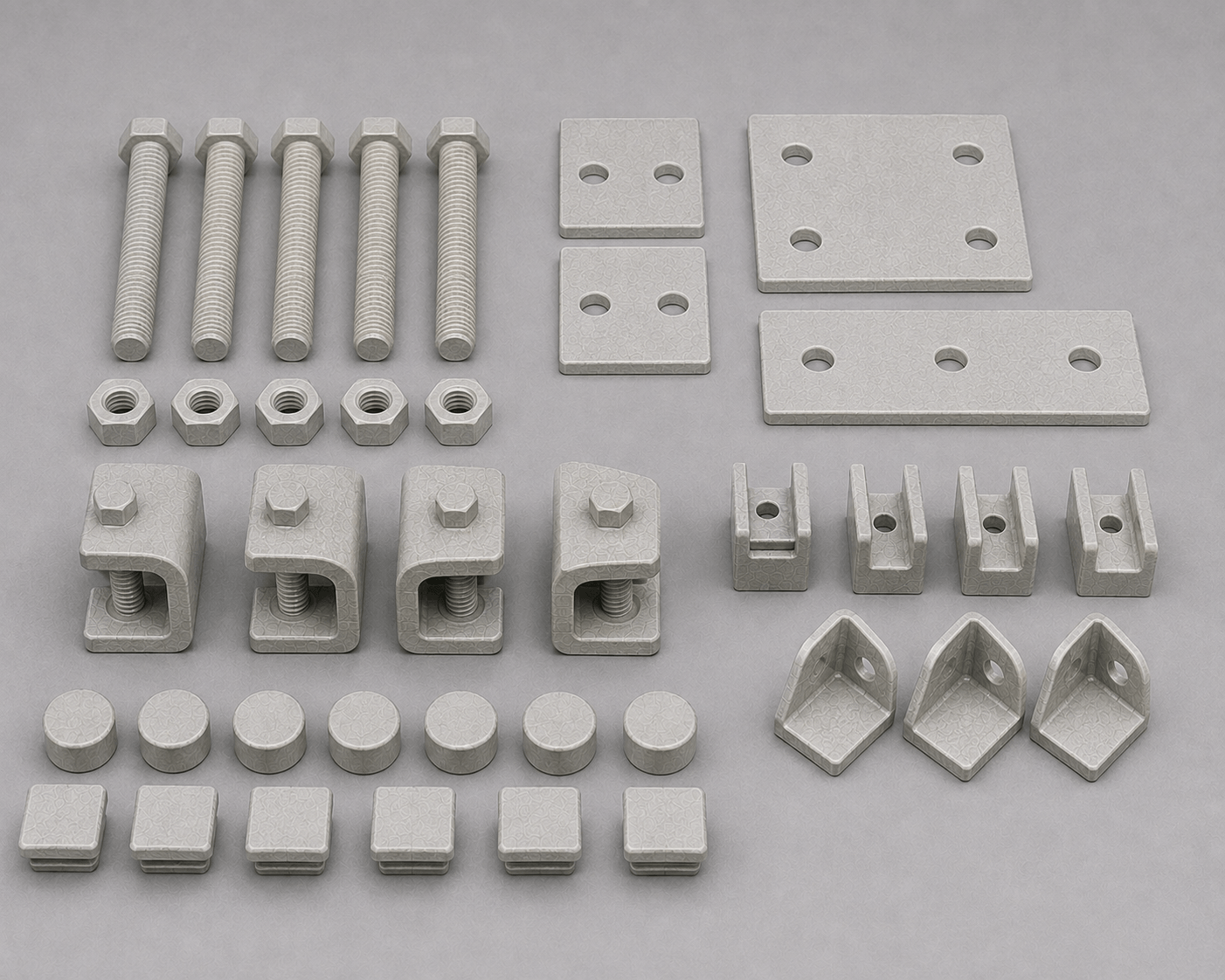 FRP bolts, splice plates and clamps laid out on a workbench