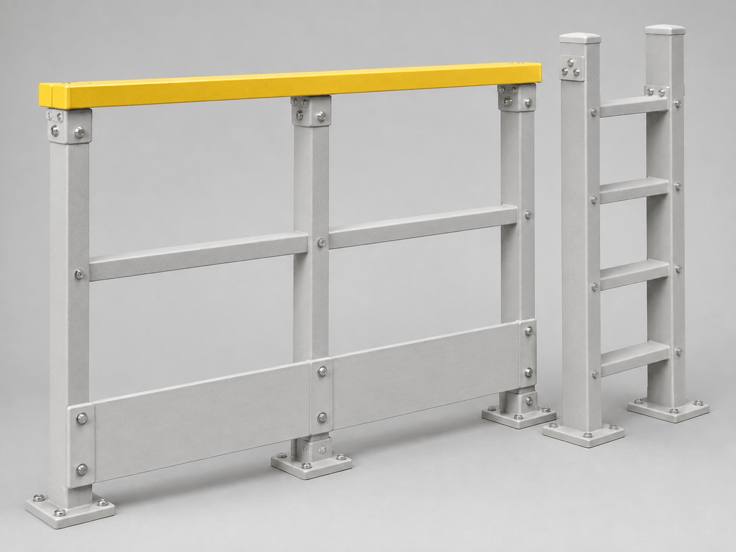 FRP handrail run and caged vertical ladder on a process platform