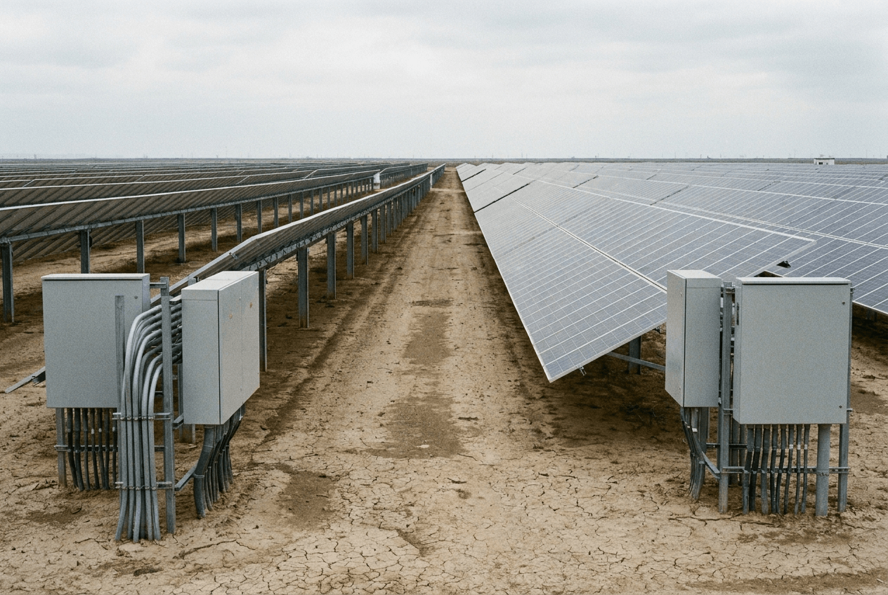 Solar farm module rows with an FRP maintenance walkway