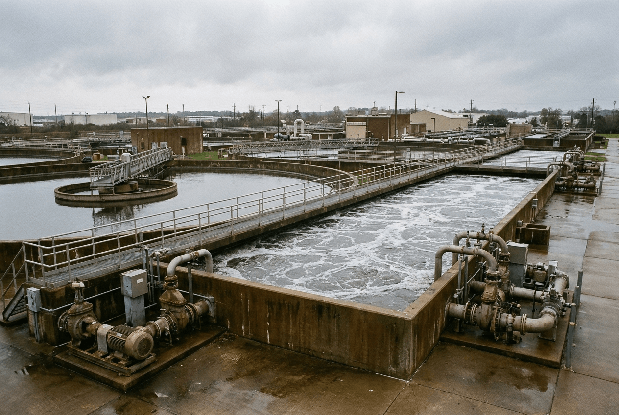 Effluent treatment plant clarifier deck with FRP grating walkway